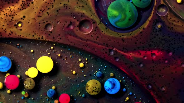 Bright Collors Bubbles Slow Motion Oil Beautiful Paint Surface Red Blue Black And Yellow Universe Of