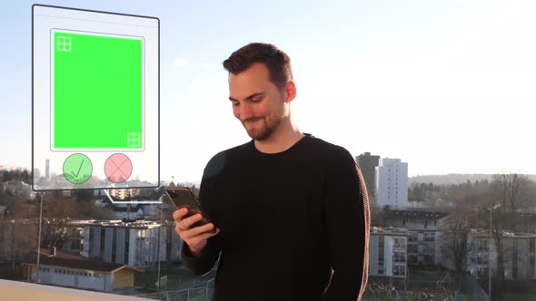 Young man on sunny balcony swipes through dating app - different tracking greenscreens / placeholder