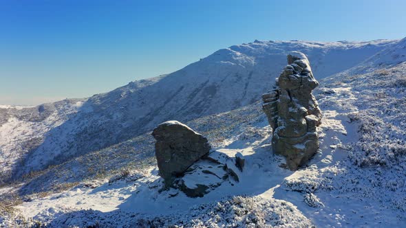 Landscapes of the Carpathian Mountains, Covered with Large Stone Ledges in Ukraine, Near the Village