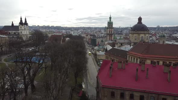 Aerial view of a drone flying over the building.