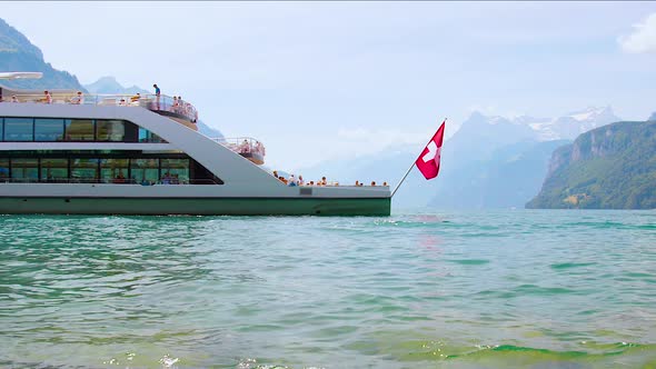 Cruise ship on Lake Lucerne on a sunny day.