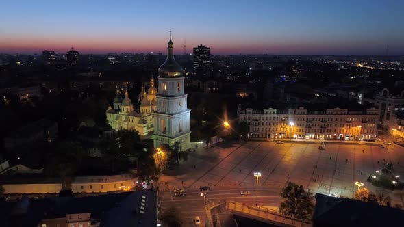 Night View of Sophia Square, Kiev (Kyiv), Ukraine. Aerial Drone Shot.