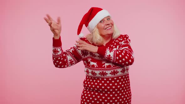 Mature Christmas Grandmother Woman Dancing Trendy Dance for Social Media Fooling Around Having Fun