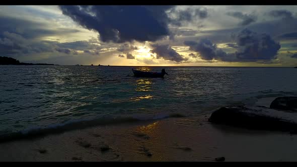 Aerial above travel of exotic coast beach holiday by turquoise lagoon with clean sand background of 