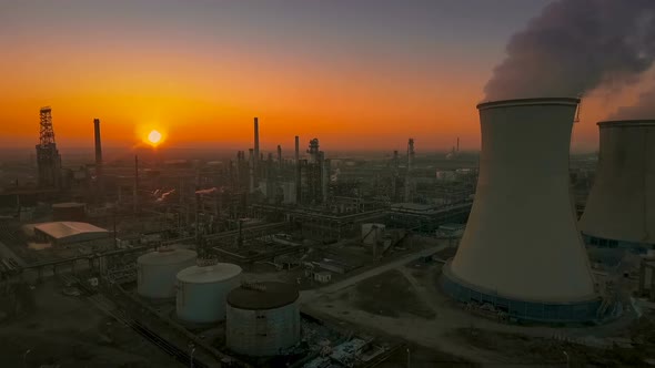 Aerial View Oil Refinery At Sunset