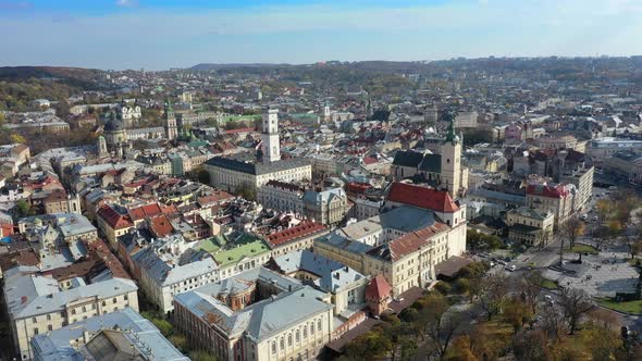 Aerial Drone Video of Lviv Old City Center - Roofs and Streets, City Hall Ratusha