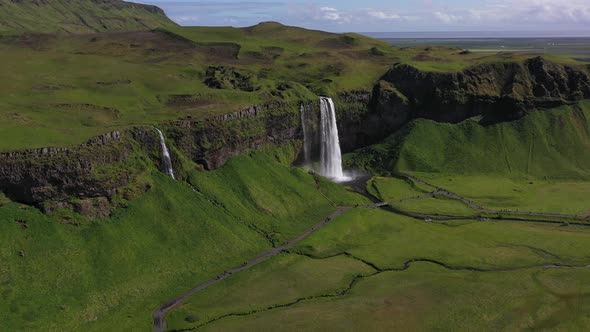 Seljalandsfoss waterfall aerial 4K Drone Video