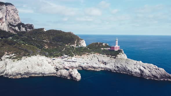 Capri Lighthouse From a Moving Drone in Summer Season