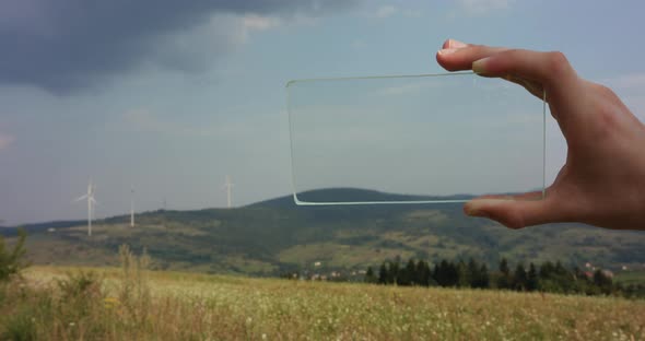 Hand Architect or Engineer Using Smartphone Transparent Hologram Digital Display on the Background