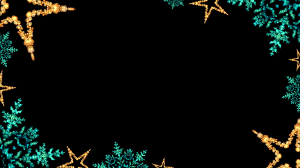 Gold & Turquoise Christmas Lights Bokeh Stars & Snowflakes Border alt