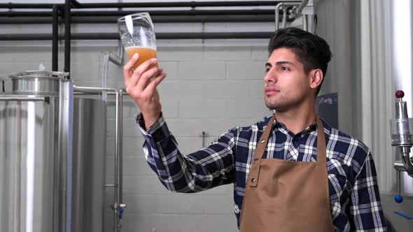 Handsome Brewer in Apron Testing Beer at Brewery