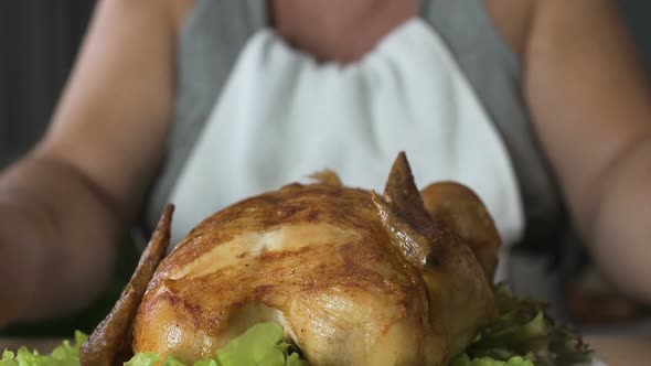 Hungry Man Eating Chicken Fast With Hands, Impoliteness In Restaurant, Addiction