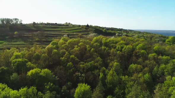 Aerial View Flying Over Vitachiv Village Hills Near Dnipro River at Sunset. Horodyshche Novgorod