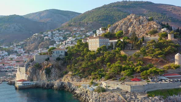 Aerial View of Hydra Old Town and Marina or Seaport Greece  Drone Videography