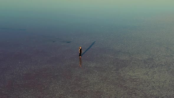 A beautiful top view of a woman in a black dress who walks on a salty, pink lake