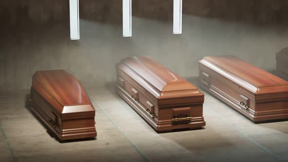 Animation of wooden coffins standing on the stone floor before the funeral. 4KHD