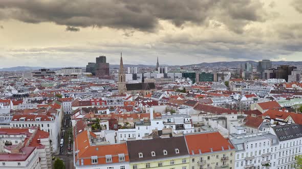 Overview Austria Capital Vienna City Aerial Drone Shot of Red Rooftops Main Catholic Church