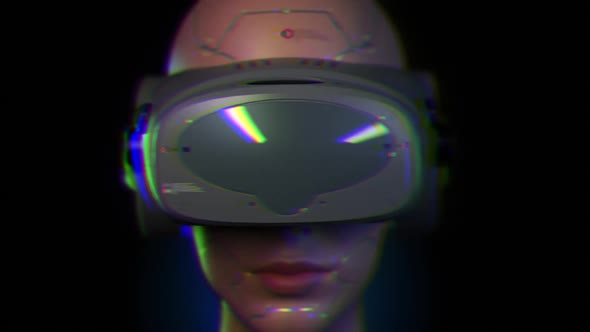 portrait of a girl in a VR helmet front view.