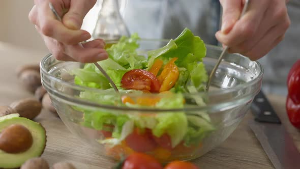 Closeup Female Hands Mixing Healthy Vegetarian Salad Indoors