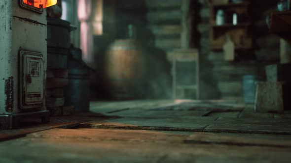 Dark Interior of Retro Log House