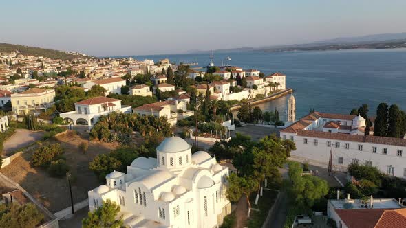 Aerial View of Spetses Old Town and Marina or Seaport Greece  Drone Videography