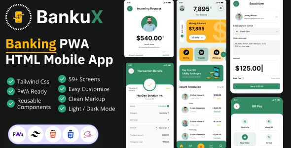 Bankux – Wallet & Banking PWA HTML Mobile App Template – 0 Sold!