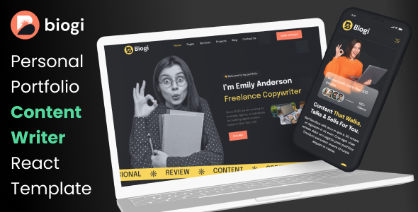 Personal Portfolio Content Writer React Template – Biogi – 0 Sold!