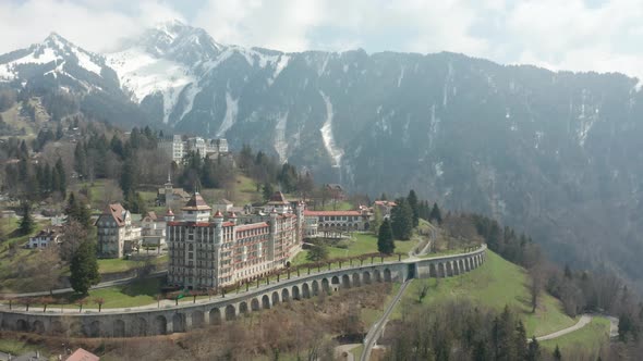 Aerial of beautiful hotel located in hills in Montreux, Switzerland