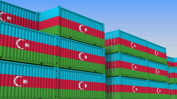 Container Yard Full of Containers with Flag of Azerbaijan