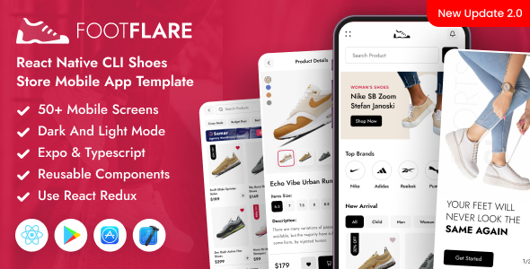 FootFlare - React Native CLI Shoes eCommerce Mobile App Template