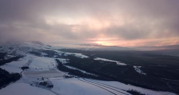 Beautiful Winter Nature Aerial Footage Of Sunset In The Mountains