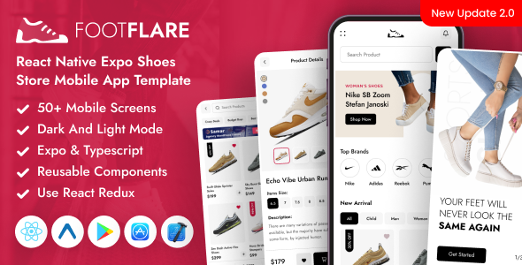FootFlare - React Native Expo TypeScript Shoes eCommerce Mobile App Template