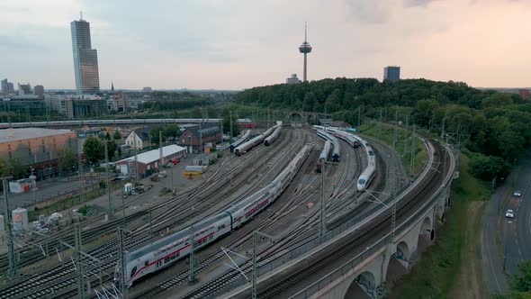 Cologne, Germany - Aerial bird view of the railway yard of Köln Nord a big storage for regio and int