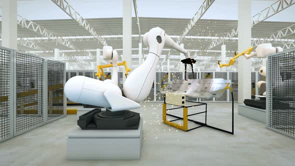Industrial Robot arm active in factory. Automation welding mechanical procedure. 3D rendering
