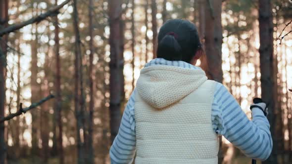 Tourist Girl Enjoying Scandinavian Walk Surrounded By Trees and Sunset