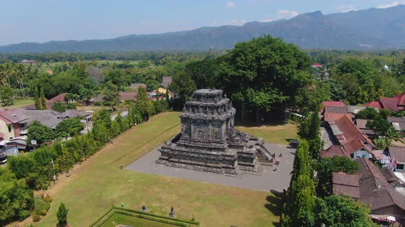 Aerial orbiting of ancient Mandut Buddhist temple in Magelang, Indonesia