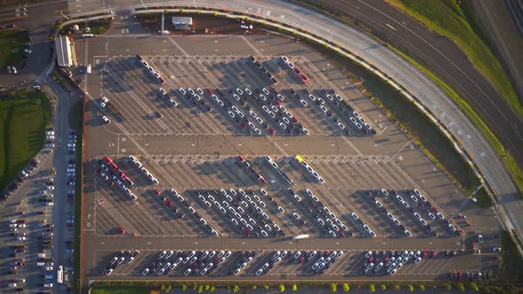 Aerial Overhead View Parking Lot of the Electric Vehicles Factory Time Lapse