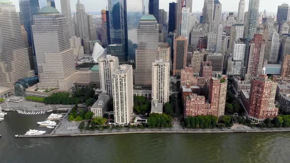 Aerial View of Manhattan Skyline with Battery Park, New York, USA.