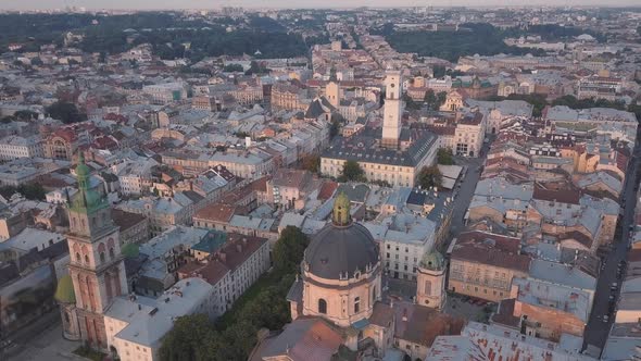 Aerial City Lviv, Ukraine. European City. Popular Areas of the City. Town Hall