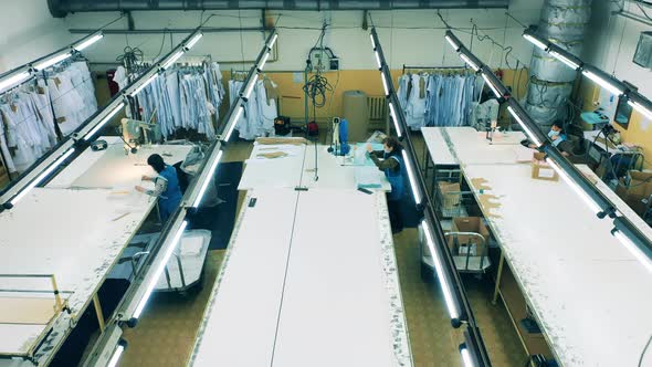 Top View of Employees Working with Fabric in the Clothing Factory