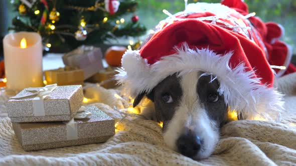 Christmas Celebrations, Santa Dog Under Tree With Gifts
