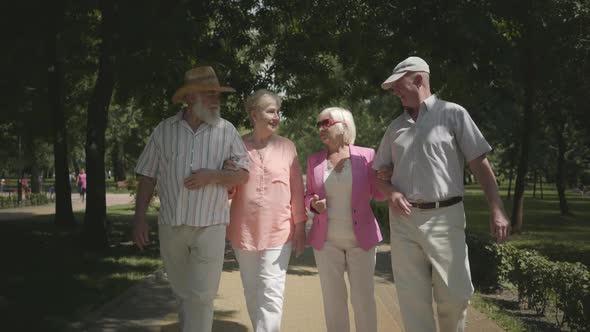 Two Adorable Adult Couples Walking in the Park Talking and Smiling