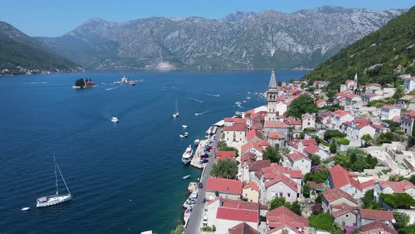 Aerial View of Perast Montenegro Small Coastal Town and Churches on Islands