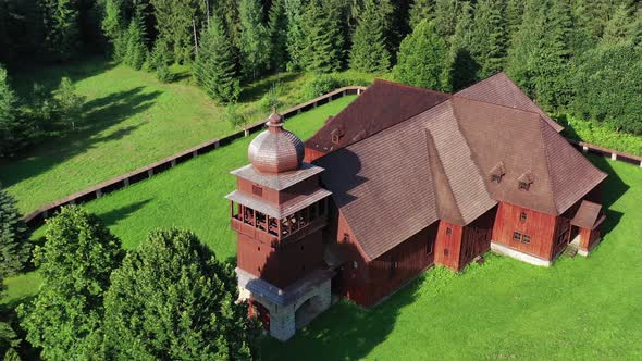 Aerial view of the Articular wooden church in the village of Svaty Kriz in Slovakia