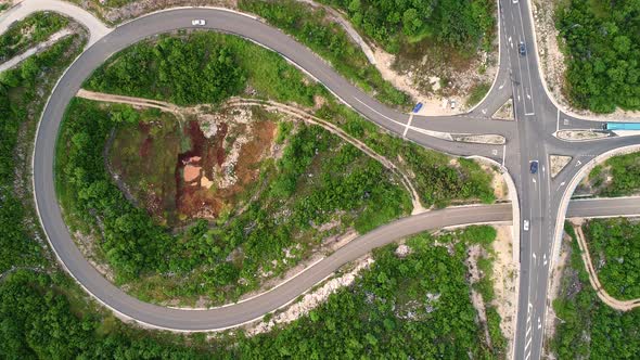 Aerial view of intersection at highway E65 crossing Blato Na Cetini, Croatia.