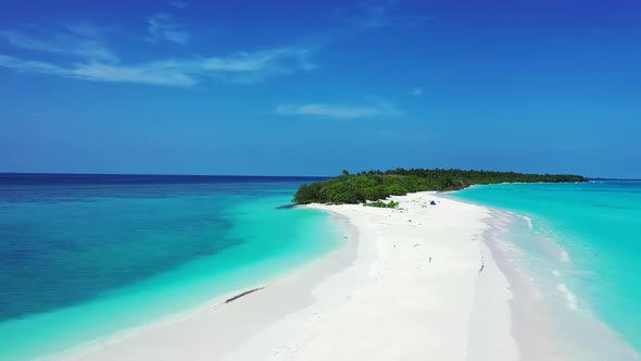 Aerial scenery of tropical bay beach time by shallow sea and white sandy background of a dayout befo