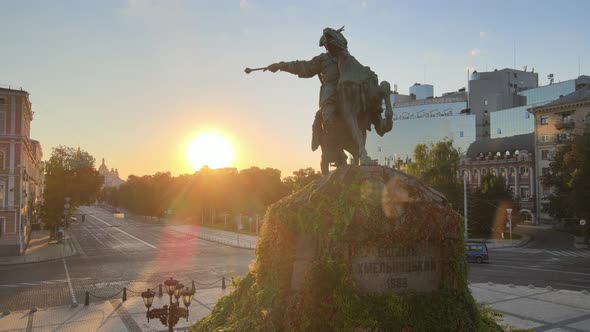 Kyiv, Ukraine: Monument To Bogdan Khmelnitsky in the Morning at Dawn. Aerial View