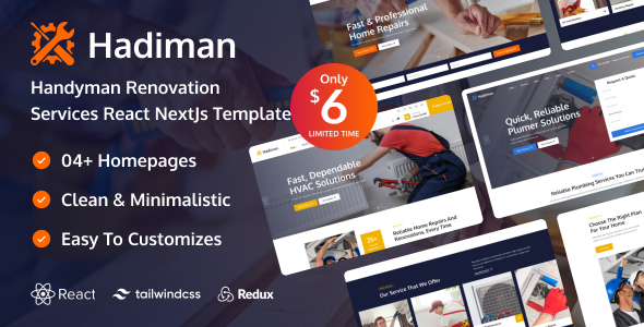 Hadiman – React NextJs Handyman Renovation Services Template – 0 Sold!