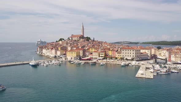 Rovinj, Croatia. Long Aerial Footage With Old Town