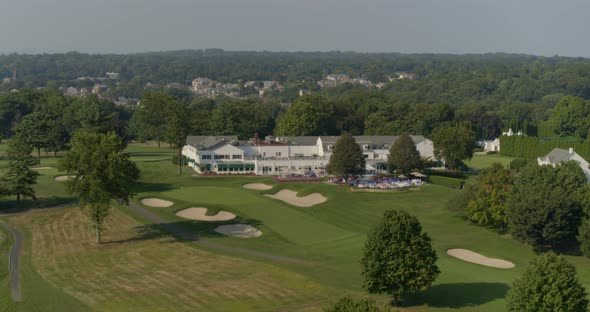 Backwards Aerial Pan of a Golf Club Course in Glen Head Long Island